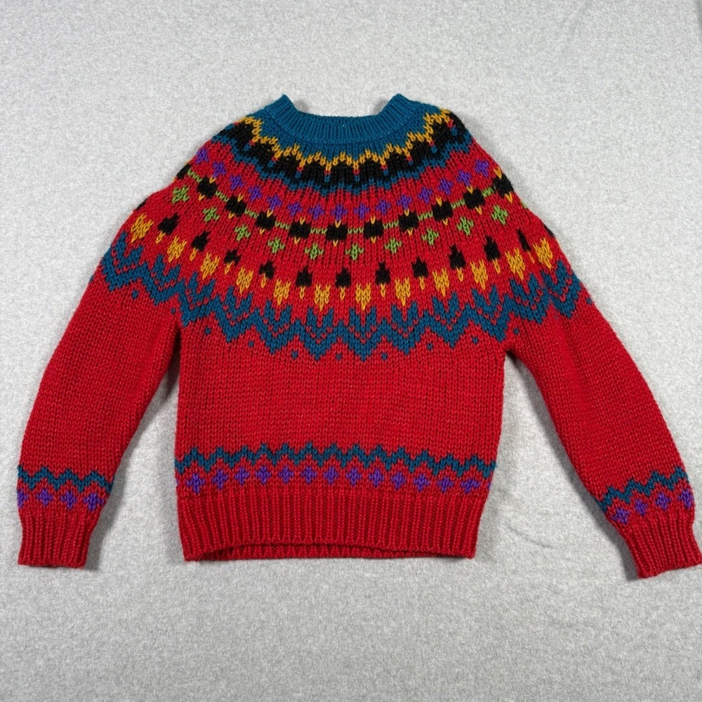 IVY Hand Knit Fair Isle Sweater Vintage 90s Small Red Nordic Crew Neck Pullover